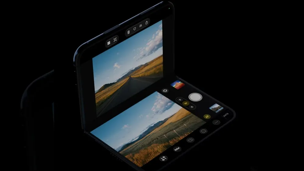 Apple iPhone Duo foldable smartphone angled on a flat surface demonstrating the Halide camera interface with split viewfinder and manual dials