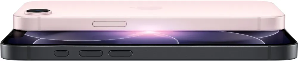 iPhone 17e shown from the front and back in soft pink.