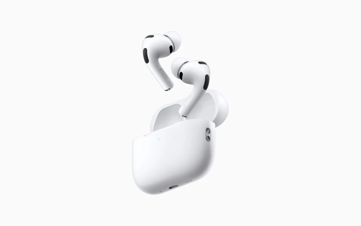 Apple AirPods Pro 3 earbuds and open charging case, shown in full