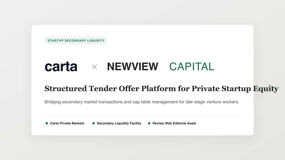 Carta and NewView Capital secondary liquidity platform editorial identity over warm neutral backdrop