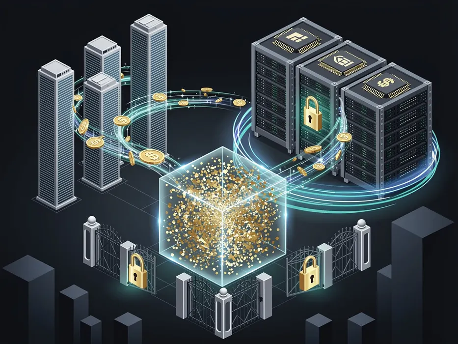 Isometric editorial 3D rendering showing high-density datacenter compute racks, capital flows, and semiconductor silicon behind security gates
