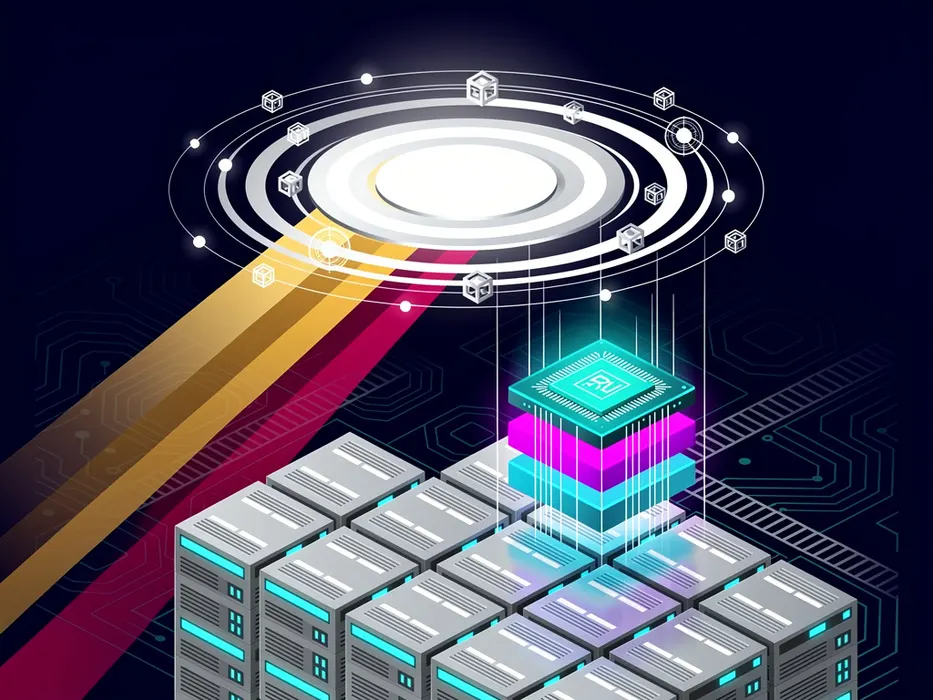 Isometric 3D rendering of enterprise Galaxy server racks beneath a floating multi-layered AI processor chip connected by optical routing beams