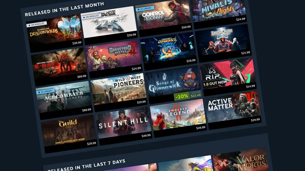 Valve Steam client store interface displaying game release schedules and interactive user library grid