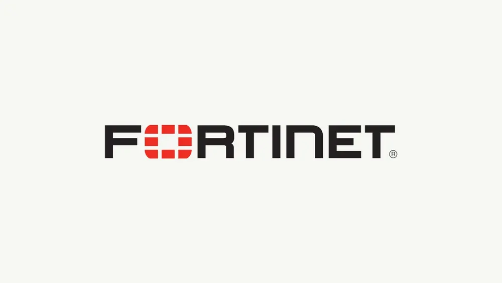 Fortinet official brandmark featuring the signature red geometric block matrix icon and bold typography on a clean editorial backdrop