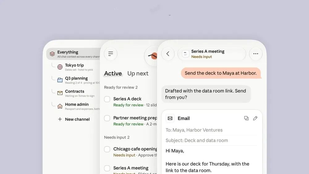 Anthropic Claude Duet desktop interface preview showing multi-task agent tabs and automated email drafting
