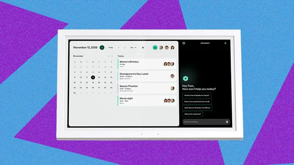 Greenlight Family Hub smart digital wall calendar showing shared family schedule, chores, and meal plan