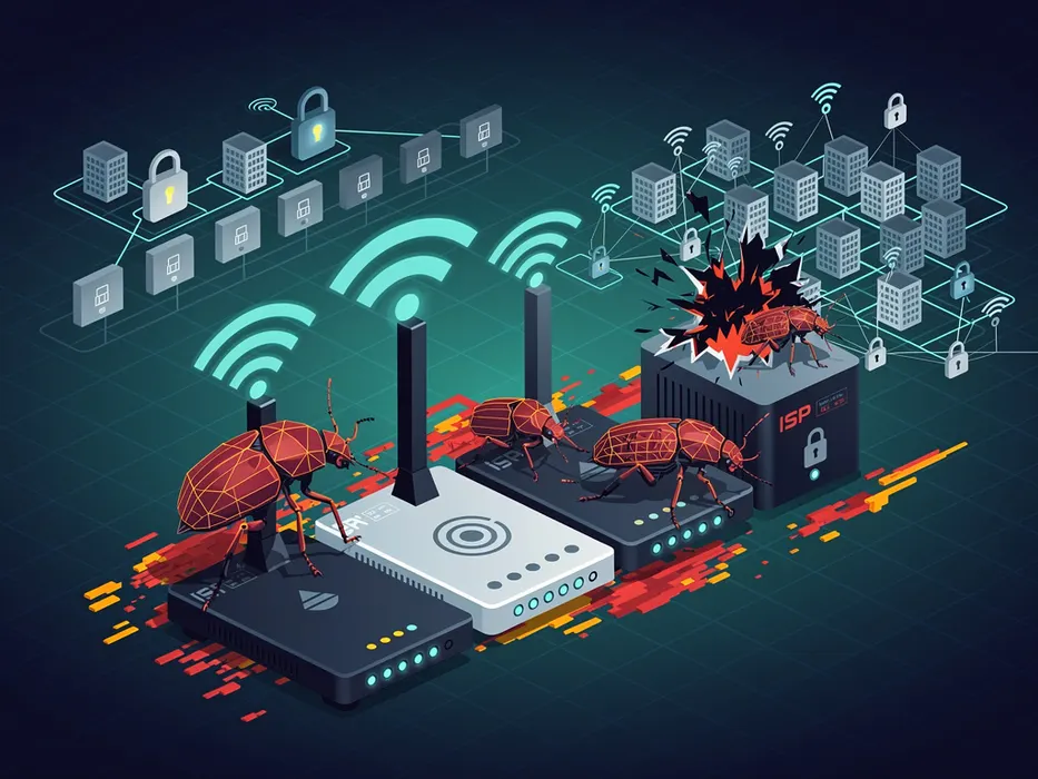 Isometric technical illustration depicting ISP home gateways and routers compromised by digital bugs breaching wireless network security