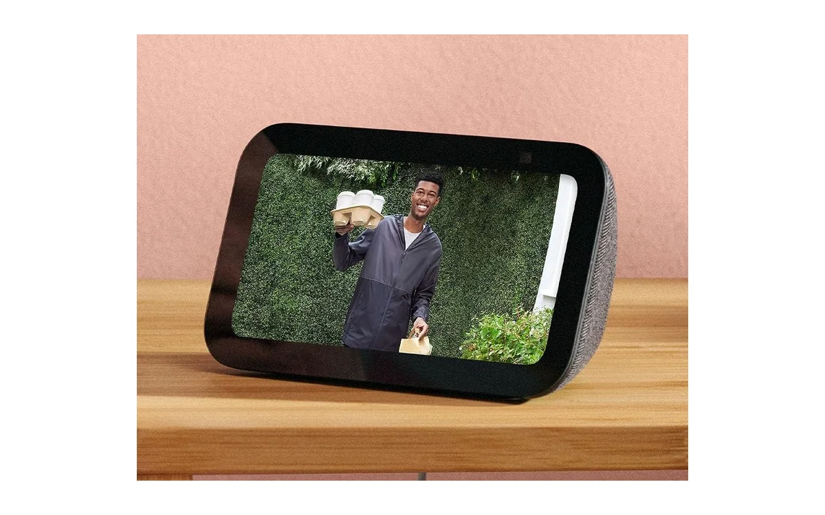 Charcoal third-generation Amazon Echo Show 5 displaying a front-door camera view