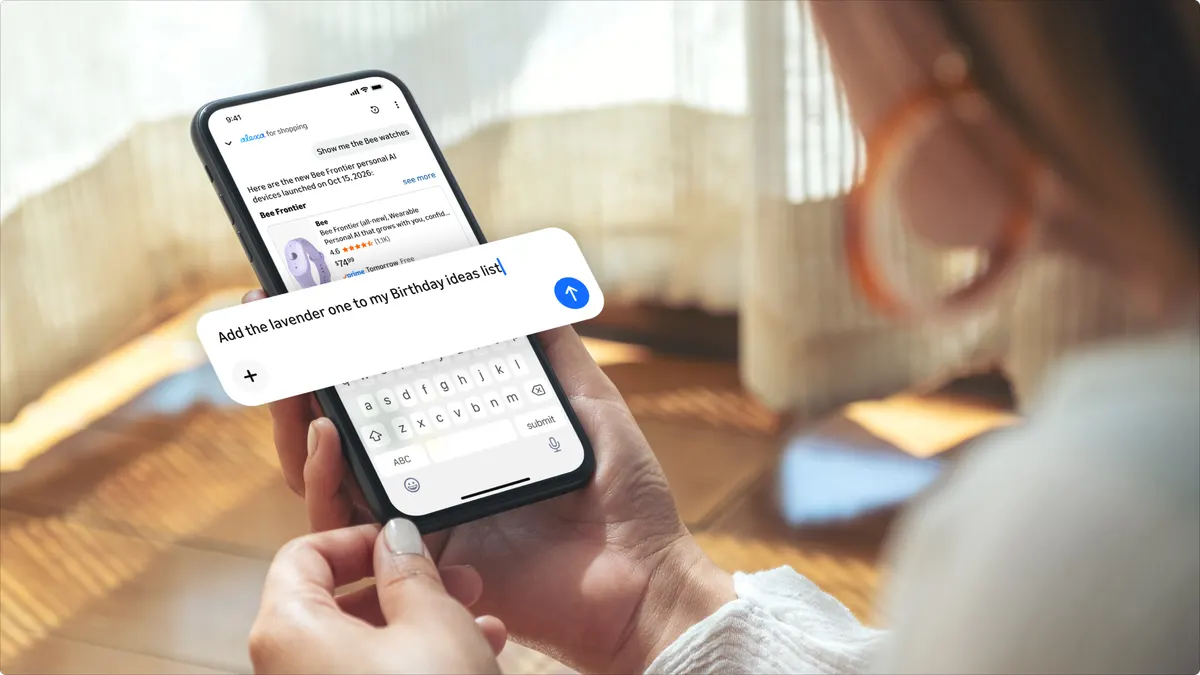 Amazon promotional photograph showing a person using Alexa for Shopping on a smartphone, with a conversational request to add an item to a birthday list.