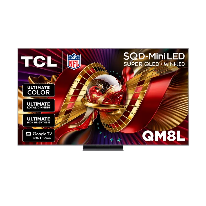TCL QM8L Series television showing SQD-Mini LED and local-dimming feature artwork.