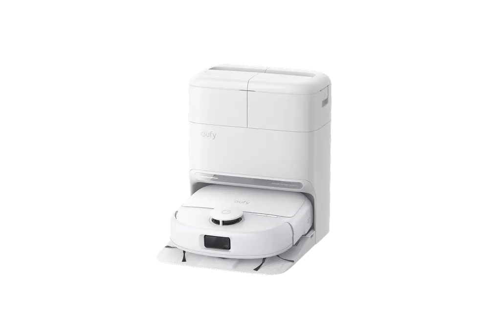White eufy Omni C28 robot vacuum parked in its docking station