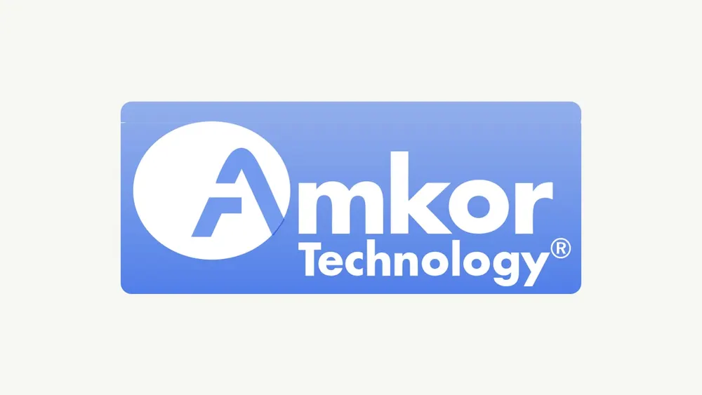 Amkor Technology official corporate brandmark rendered on a rounded card badge against a clean editorial background