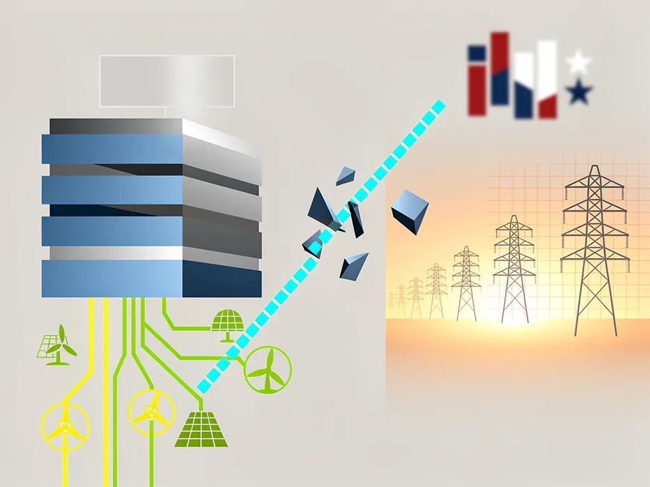Conceptual editorial illustration showing a high-density AI datacenter facility disconnecting from an electrical power grid and high-voltage transmission lines
