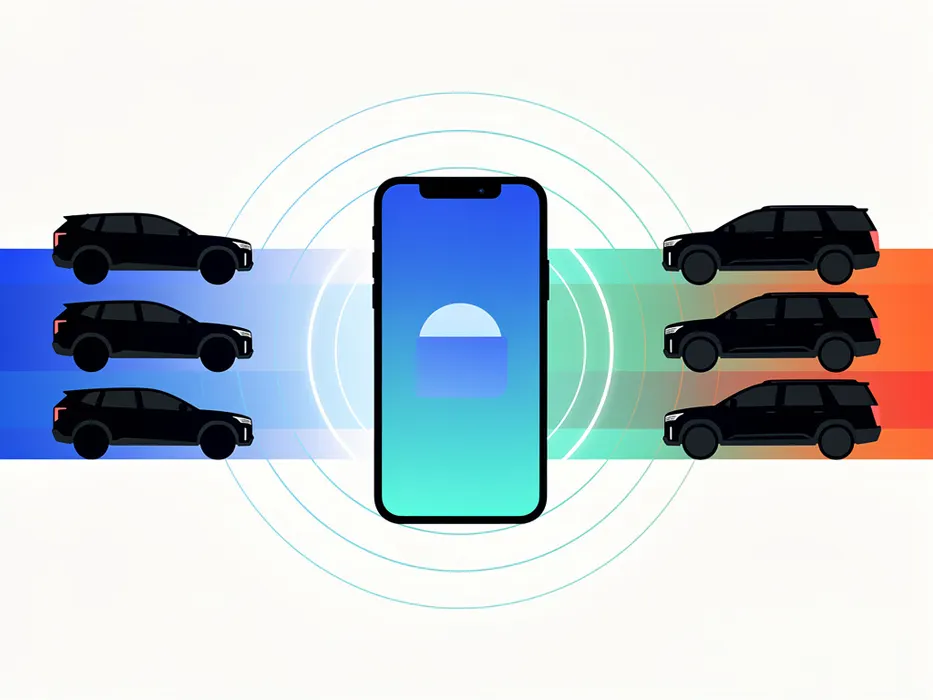 Digital graphic illustration showing a smartphone emitting wireless proximity waves connecting to an array of electric and gas SUVs
