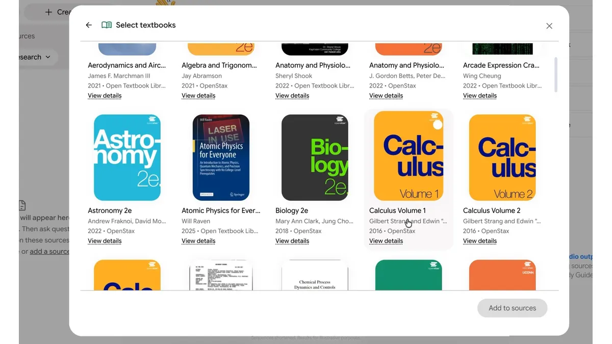 Gemini Notebook's textbook selection interface showing available educational titles, including astronomy, biology, and calculus books.