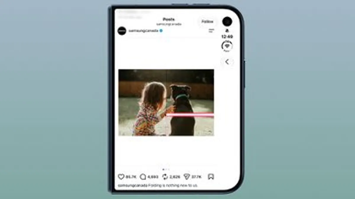 Samsung Canada advertisement reproduced by MacRumors, displaying a foldable-phone promotion with a bright line across its pictured screen.