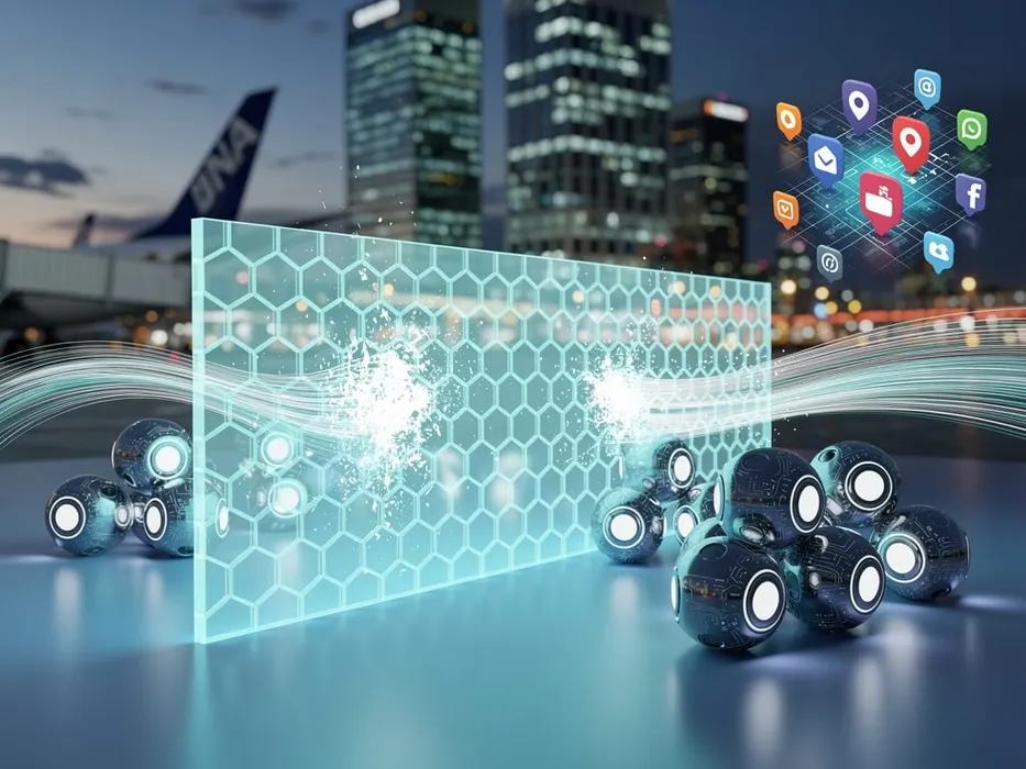 Conceptual 3D illustration of a digital honeycomb firewall barrier blocking robotic autonomous agents from accessing airport travel booking pins and corporate financial towers