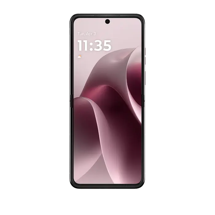 The standard Motorola Razr (2026) unfolded, showing its inner display in PANTONE Violet Ice.