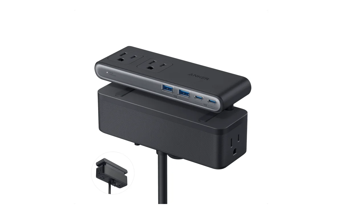 Black Anker A9196 Nano Power Strip with US outlets, USB ports and desk clamp