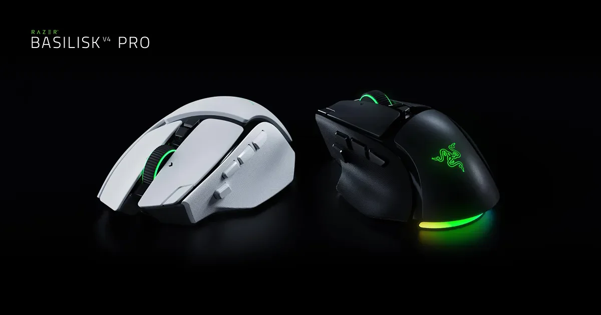 Black and white Razer Basilisk V4 Pro mice, shown in full on a dark background
