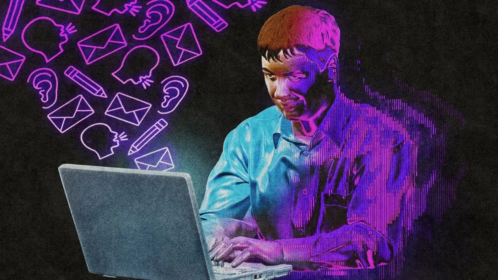 Digital artwork representing autonomous AI agents dispatching freelance editorial pitches across networked media desks