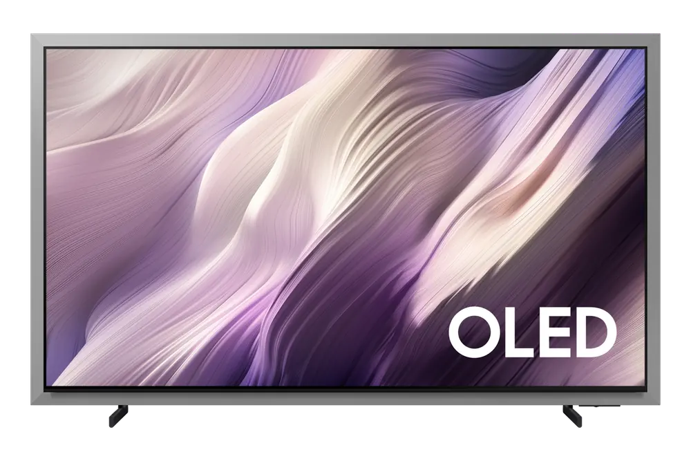 Front view of the Samsung OLED S95H television displaying abstract purple artwork.