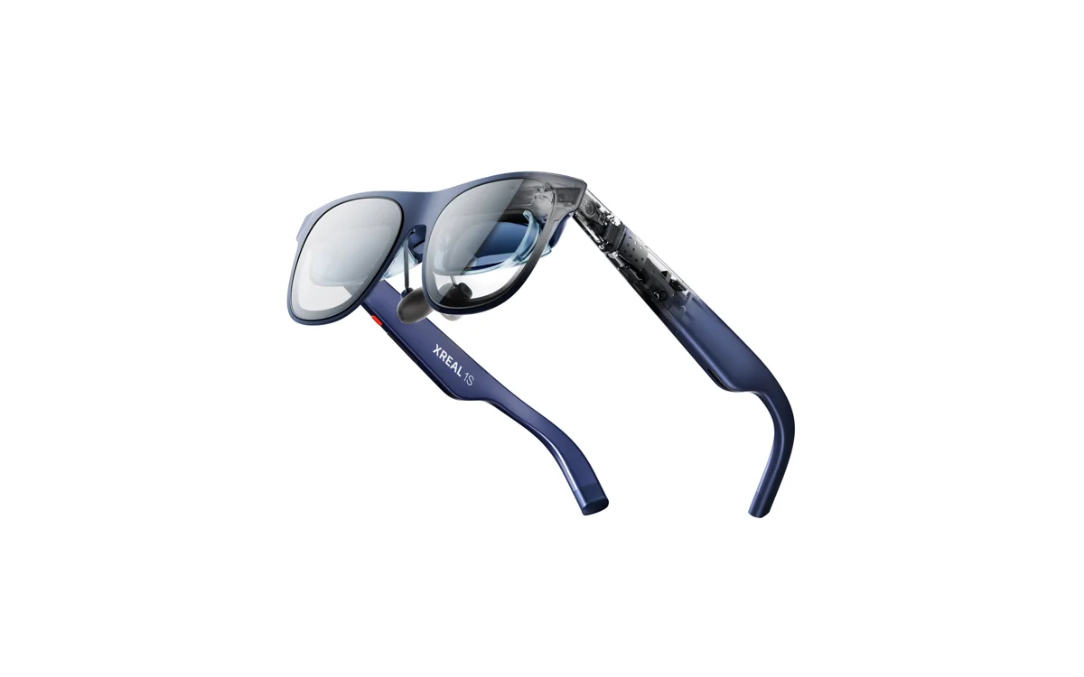 Cobalt XREAL 1S glasses with both lenses and full temples visible on a white background