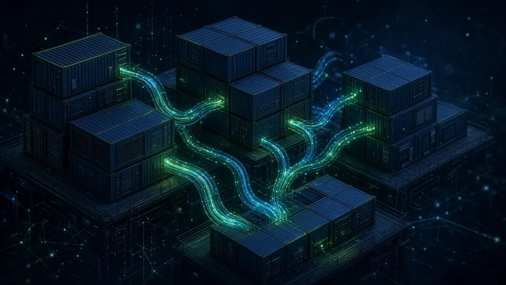 Isometric editorial 3D rendering of modular container AI factories with glowing green and cyan high-bandwidth optical interconnect conduits