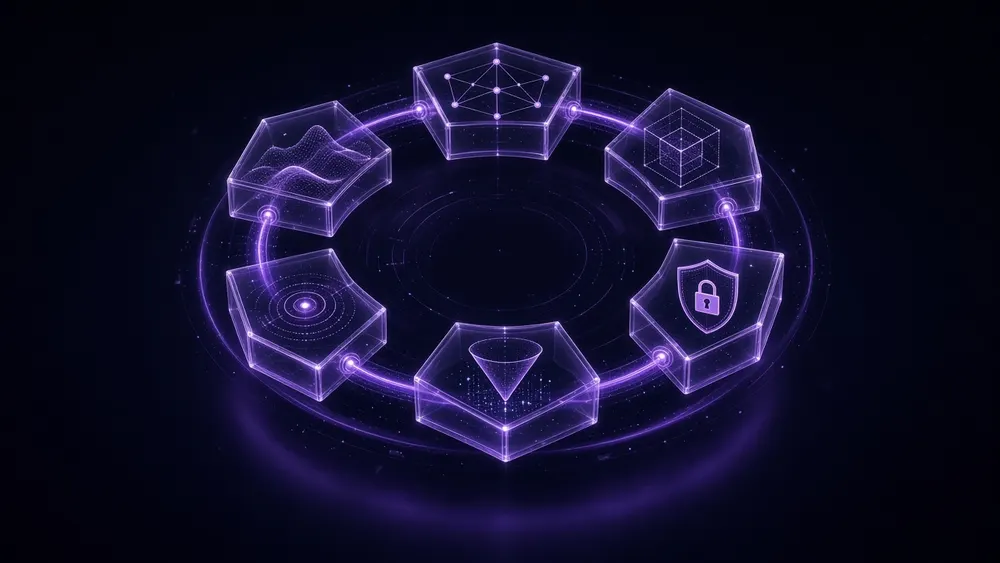 Glowing purple circular architecture diagram showing six interconnected cybersecurity modules around a central governance core