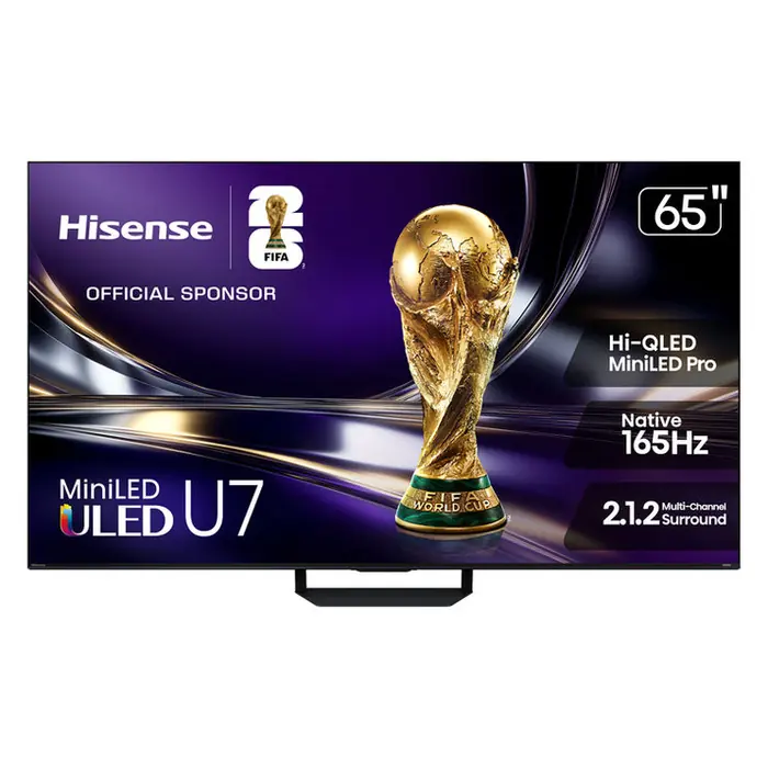 65-inch Hisense U7 mini-LED television displaying World Cup artwork, with feature labels on screen.