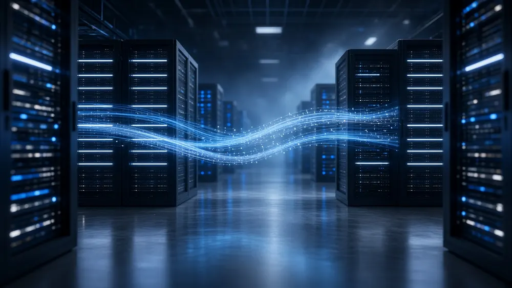 Modern enterprise datacenter aisle flanked by high-density server racks with illuminated optical fiber data streams connecting compute nodes