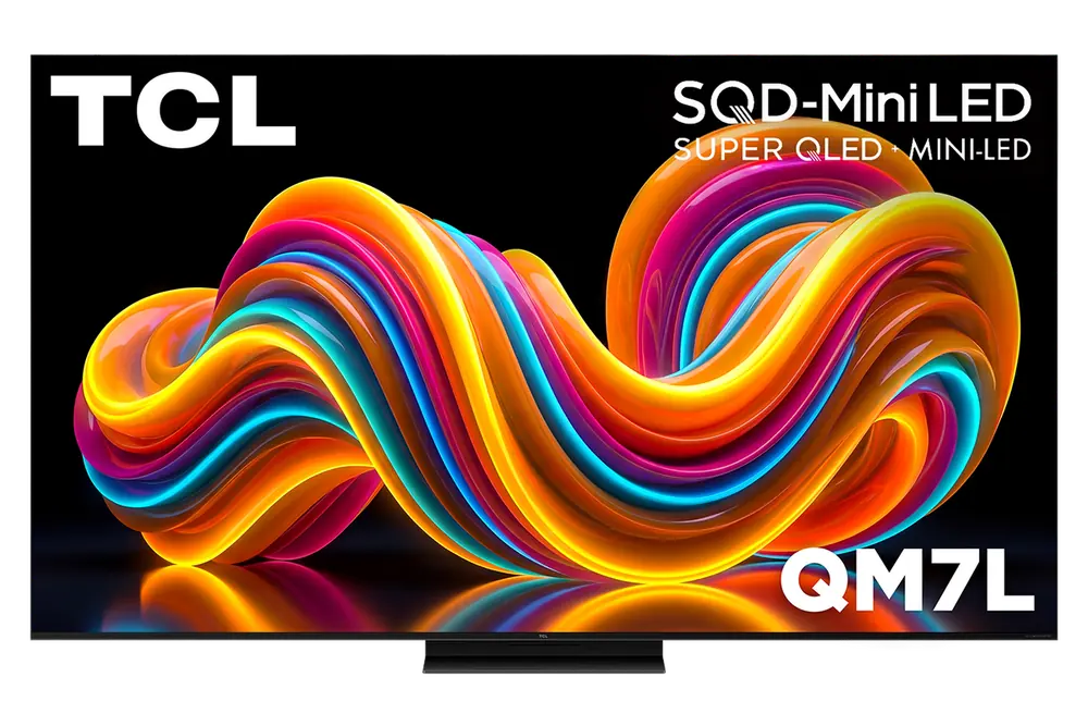 TCL QM7L television showing colorful SQD-Mini LED artwork, with the model name visible on screen.