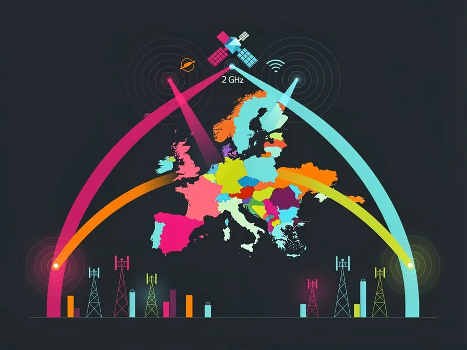 Digital infographic showing an orbital communications satellite beaming 2 GHz direct-to-device signals across a map of Europe to cellular ground towers