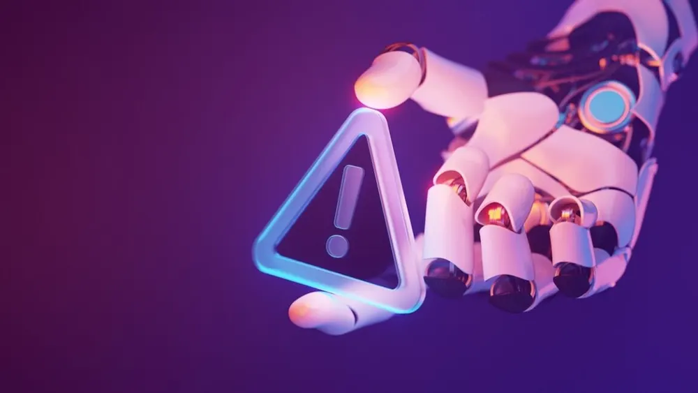 Conceptual visualization of an artificial intelligence robotic hand next to digital security warning signage