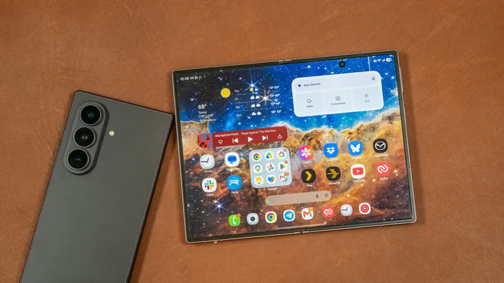 Samsung Galaxy Z Fold 8 open showing wide inner display side-by-side with external cover screen