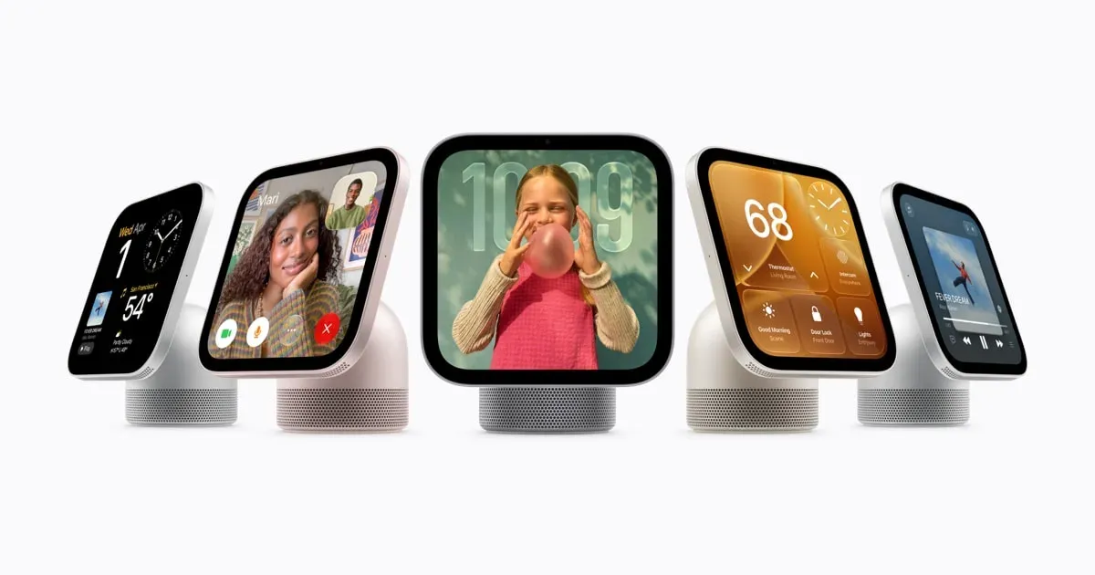 Official Apple promotional rendering of Apple HomeView smart display in multiple finishes