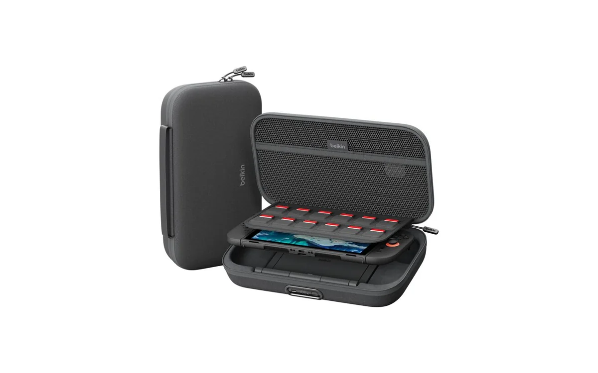 Belkin Charging Case Pro ENA003 in charcoal, shown closed and open with a Nintendo Switch 2 and game cartridge storage