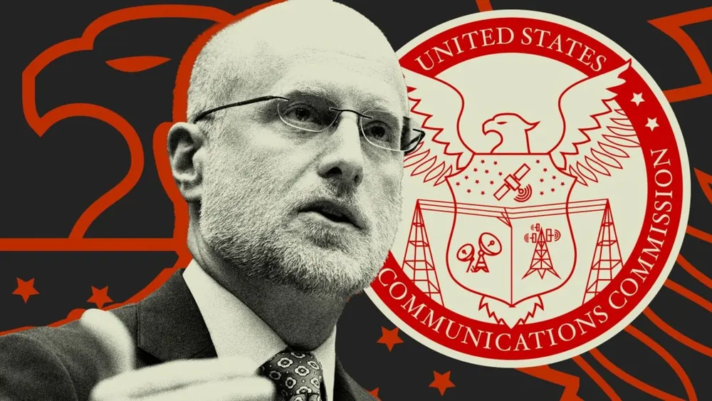 Editorial illustration depicting Federal Communications Commission Chair Brendan Carr speaking next to the official United States FCC seal and bald eagle crest