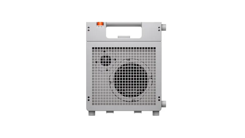 Official product photograph of the Teenage Engineering EP-35 showing its light grey industrial chassis, front speaker grille, twin acoustic drivers, integrated carrying handle, and orange power toggle