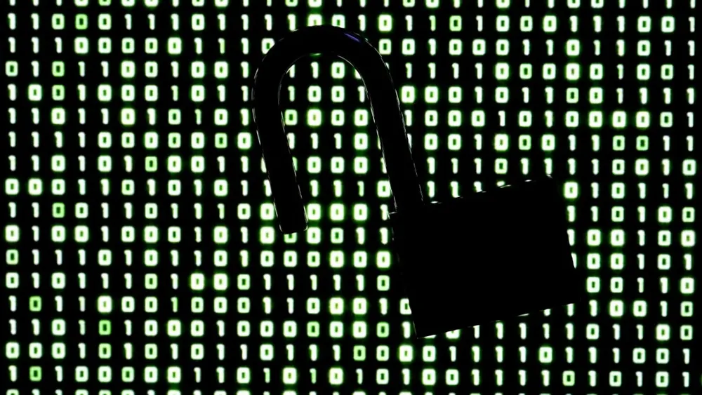 Server security visualization with glowing digital padlock and vulnerable PHP source code
