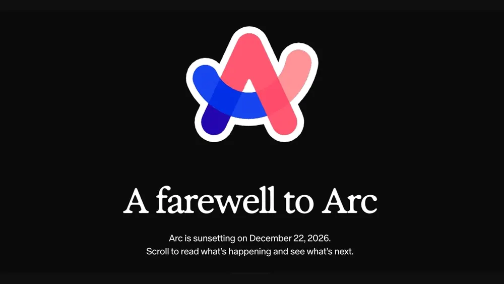The Browser Company farewell message displaying the signature multi-colored Arc icon above text announcing the December 22, 2026 sunset date