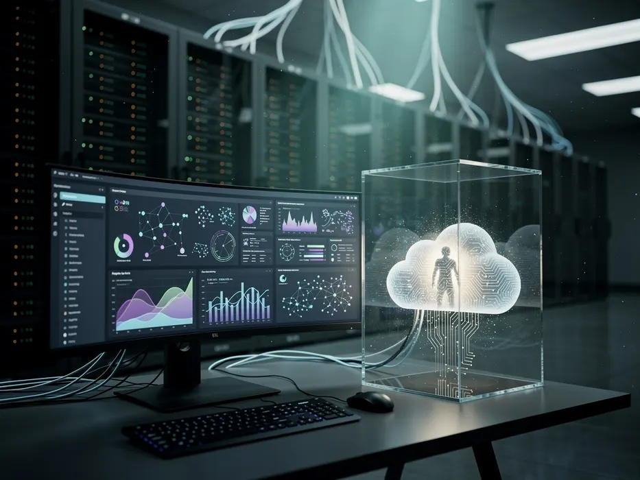 Conceptual 3D editorial illustration of an enterprise cloud datacenter with an operator workstation and an illuminated cloud enclosure concealing a hidden actor