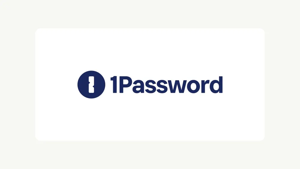 Official 1Password corporate logo badge in midnight blue centered upon a white card with rounded borders against a warm neutral background