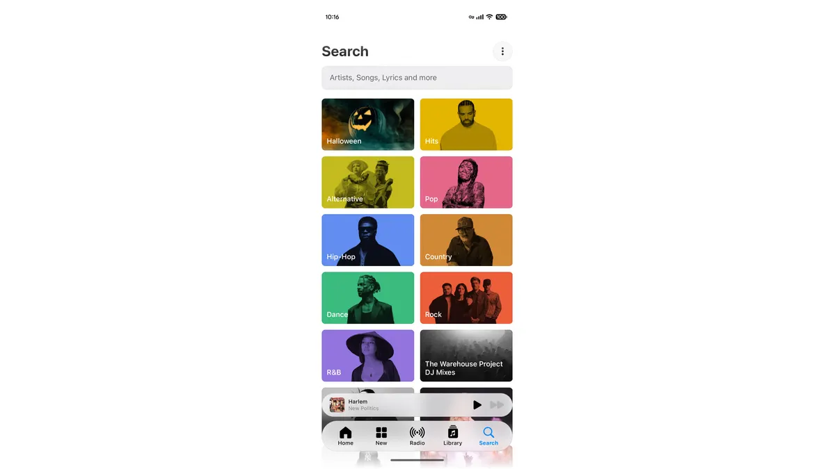 Screenshot of Apple Music 7.0 on Android showing the redesigned Search page, floating playback controls, and translucent bottom navigation.