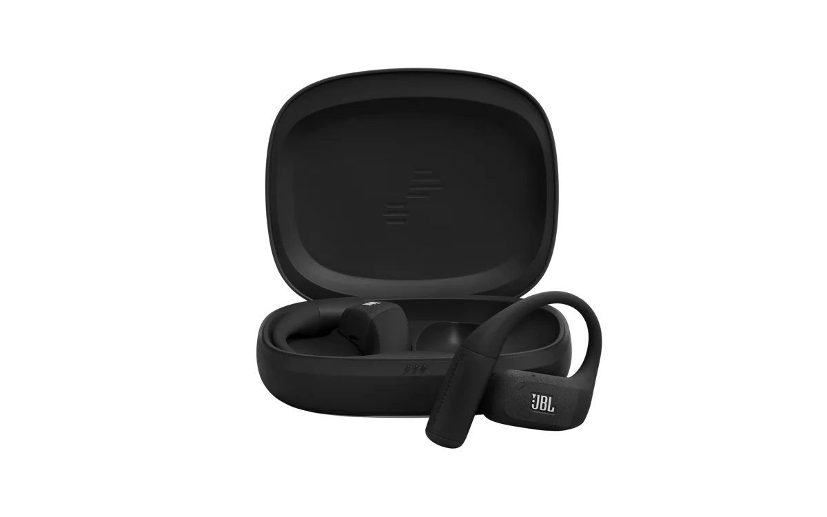 JBL Endurance Zone Black/Gray earbuds with earhooks and open charging case