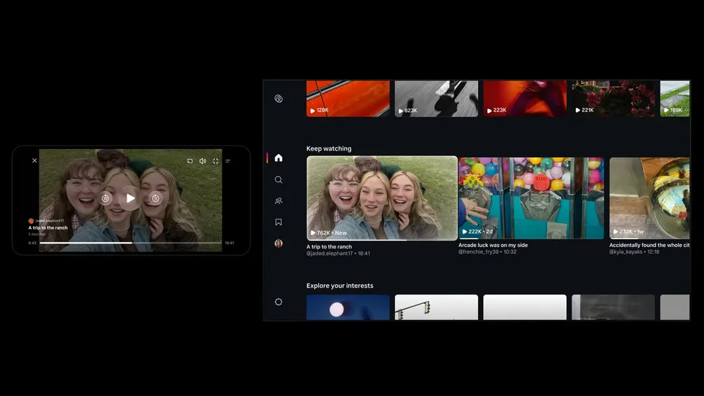 Living room television screen displaying the Instagram TV app interface with widescreen 90-minute video player controls