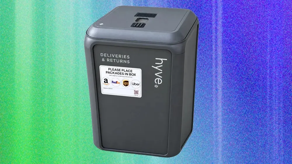 Hyve Smart Package Locker outdoor porch hardware unit featuring keypad entry, weather-sealed steel enclosure, and solar charging canopy