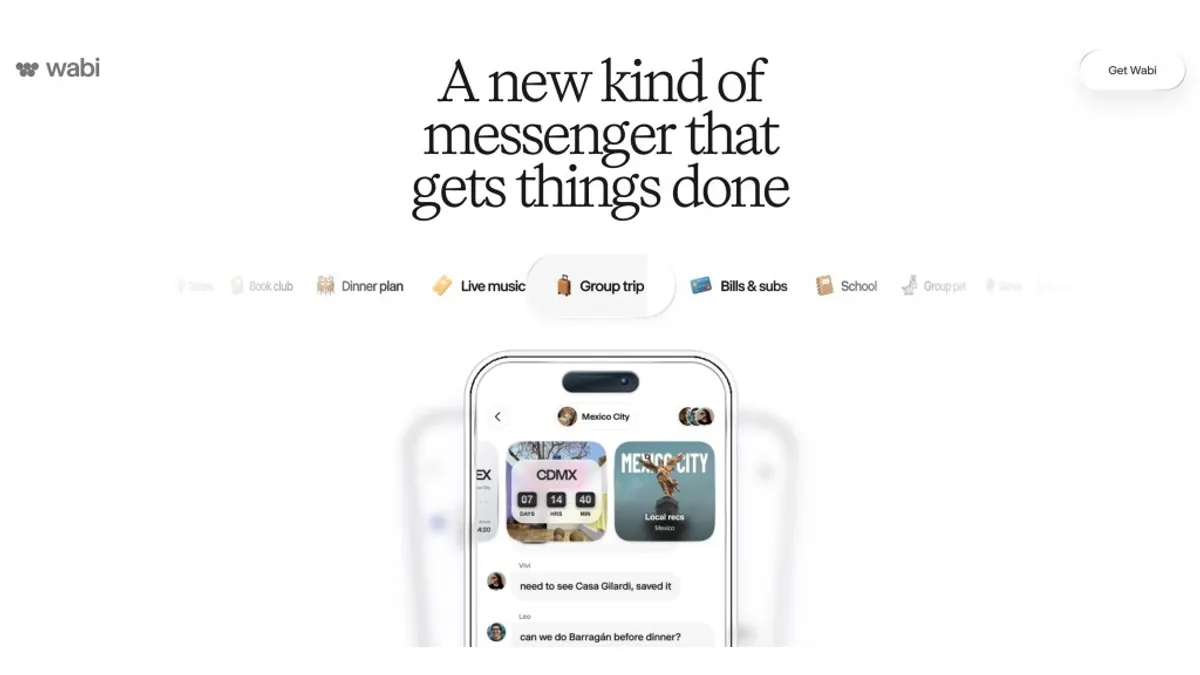 Wabi product interface showing its AI messenger and personalized mini-app features displayed on a smartphone.