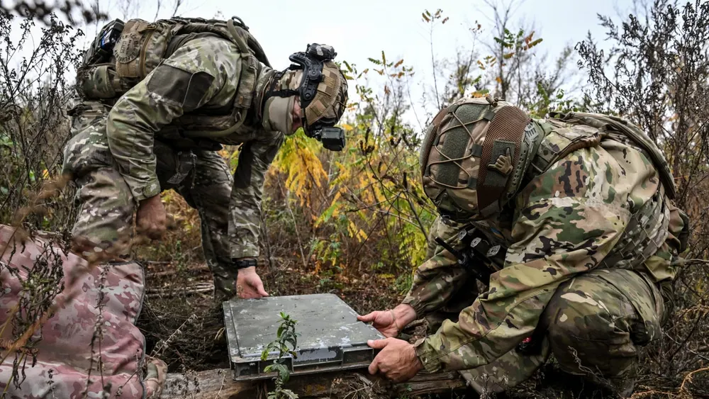 Starlink satellite terminal dish deployed in field communications testing in Ukraine