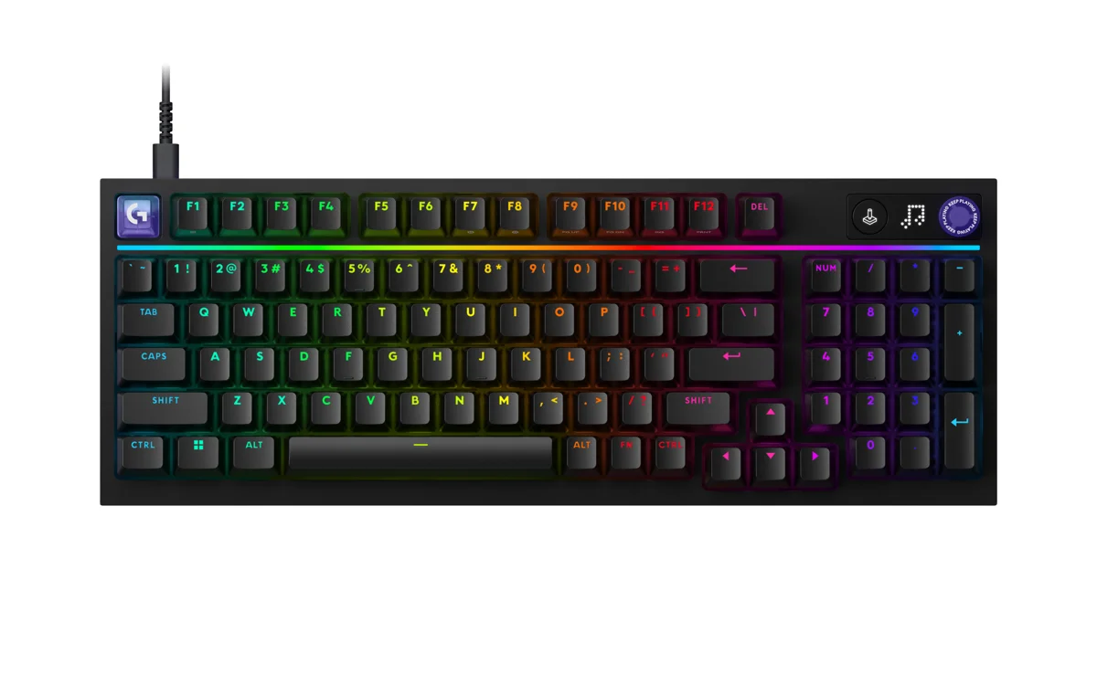 Black Logitech G316 X 98 US-layout keyboard with number pad, RGB light bar, dot-matrix display and control dial